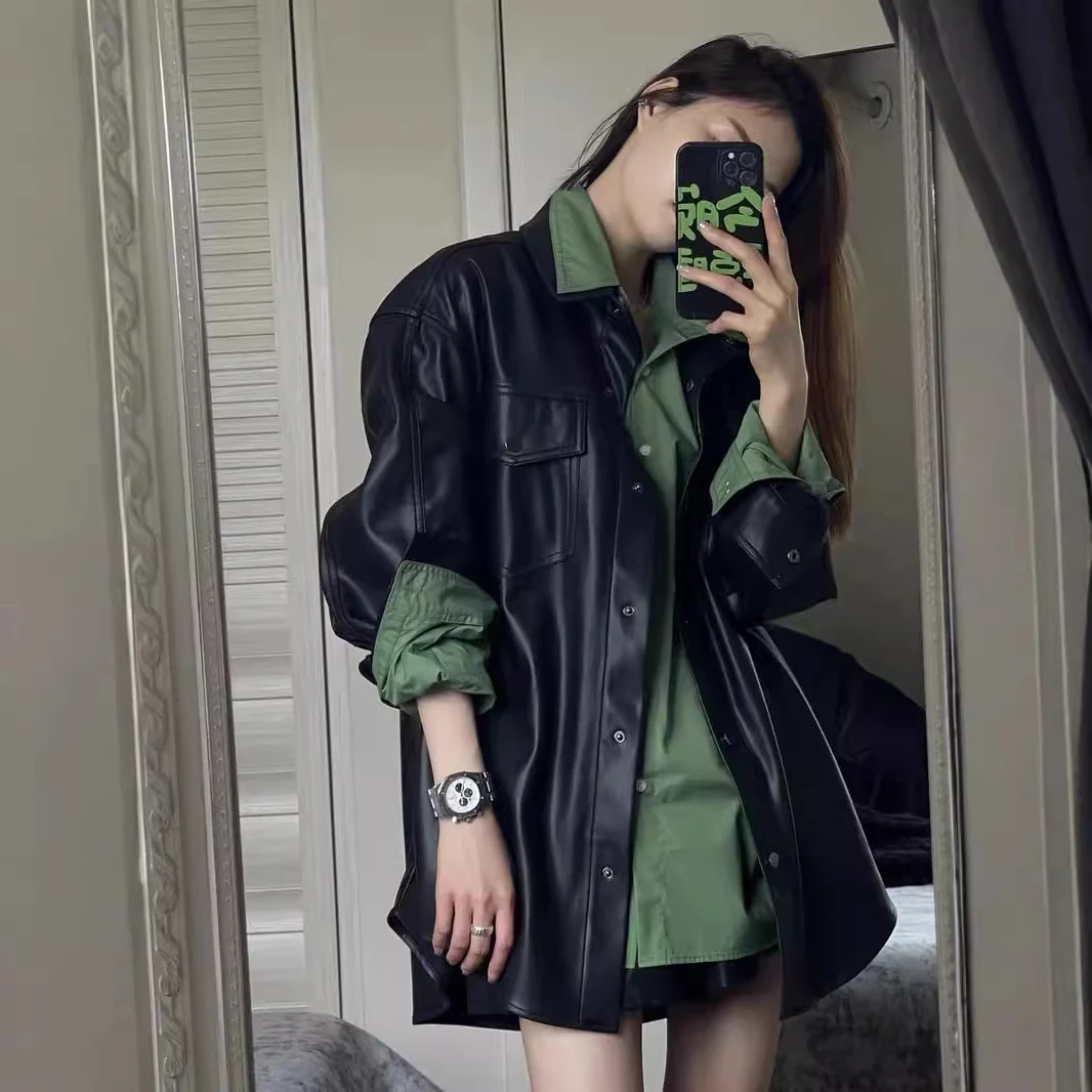 复古棕色皮衣外套经典百搭小个子衣服女秋冬款休闲长袖衬衫套装潮