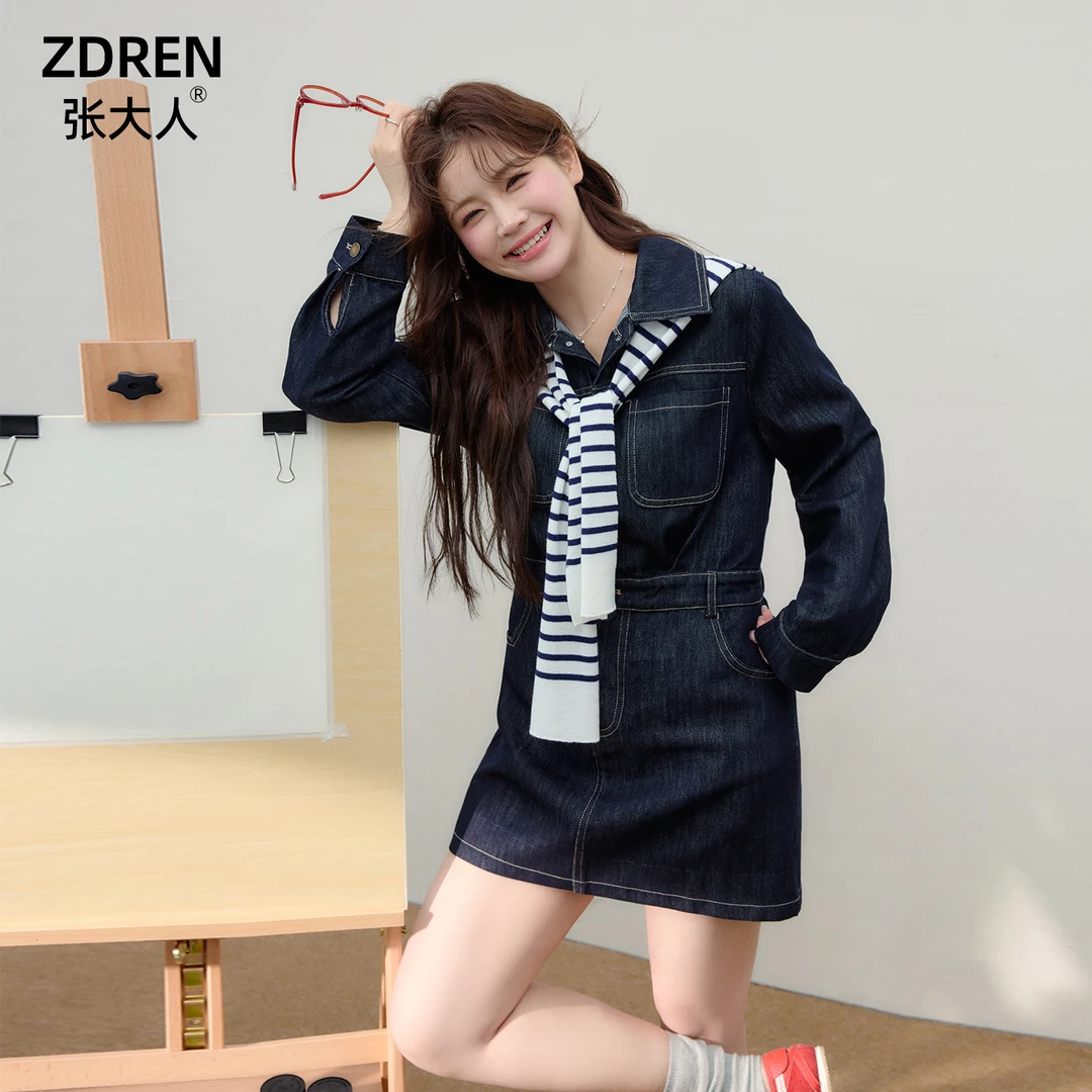 张大人【原野狂热】大码女装微胖妹妹复古条纹披肩牛仔短款连衣裙