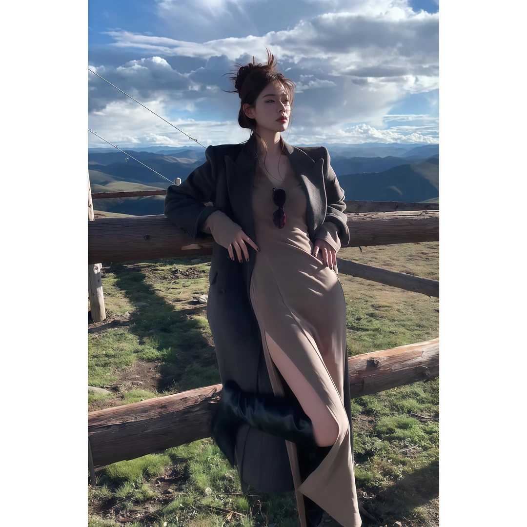 法式纯欲复古简约v领连衣裙女装秋季新款气质收腰开叉包臀长裙子