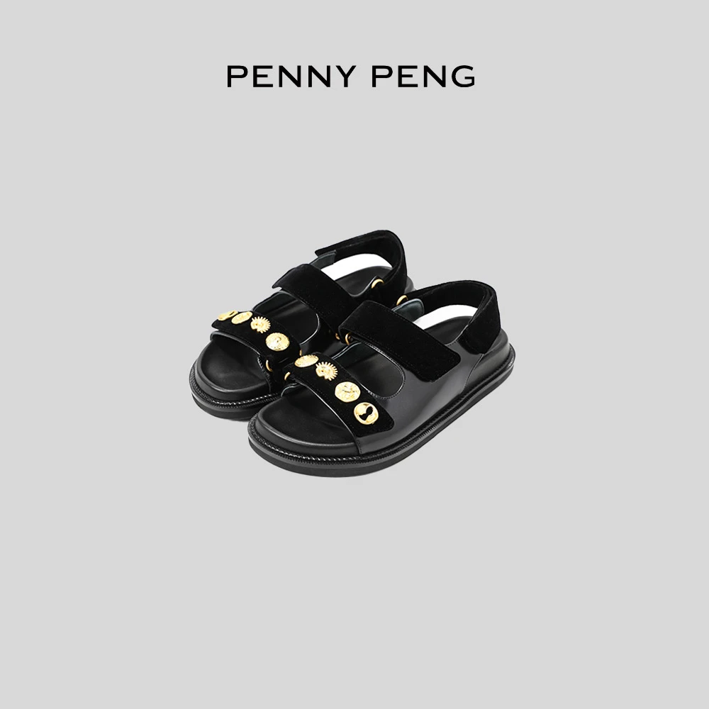 PENNYPENG 摩登黑金 黑色百搭休闲露趾凉鞋 DG04064