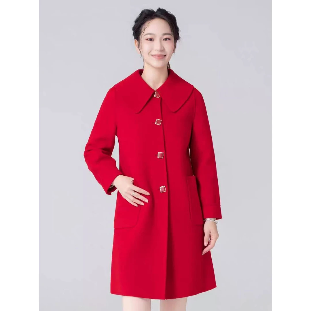 新款双面大衣女中长款修身简约时尚长款毛呢M897