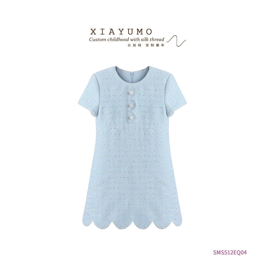 夏羽墨女童新款蓝色小香风亮片连衣裙短袖花瓣裙摆洋气秋冬裙子