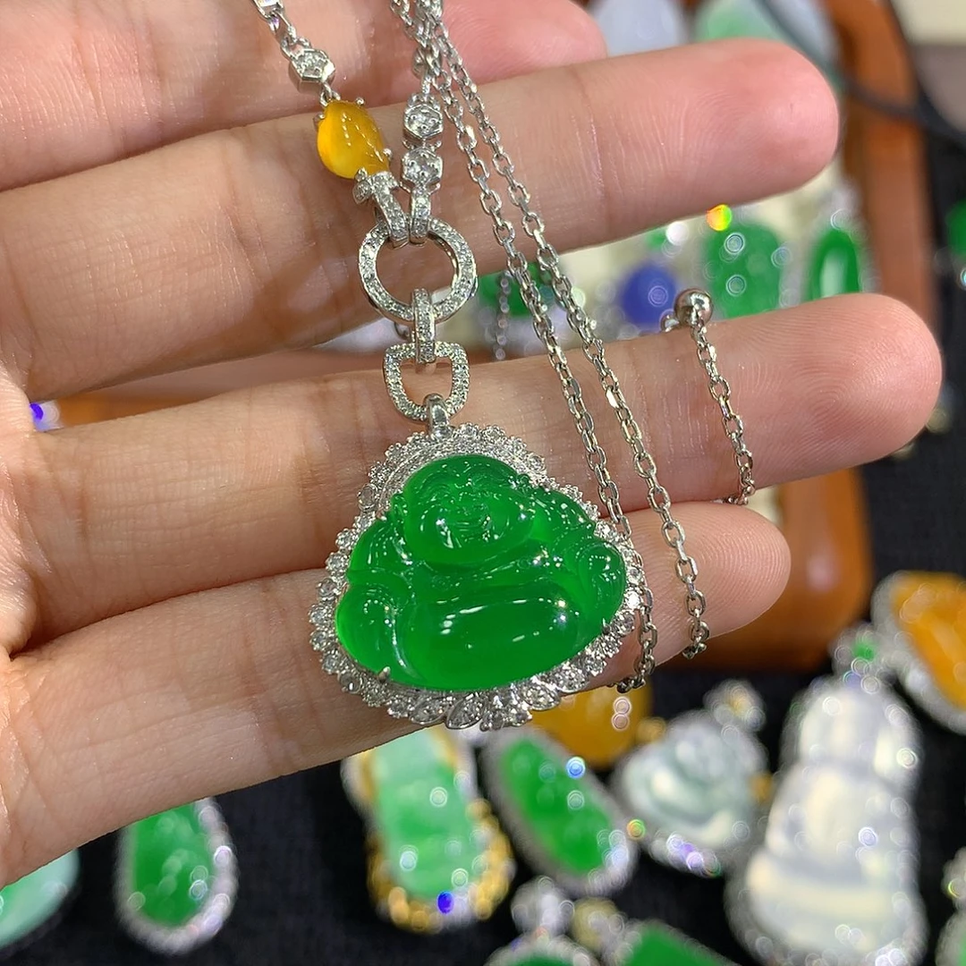 翡翠18K金镶嵌套链佛公