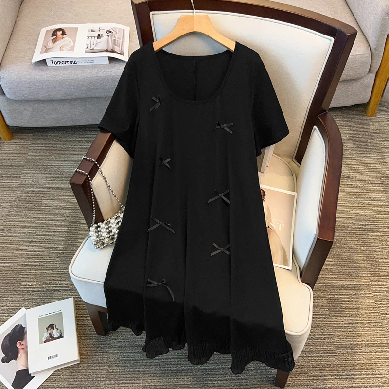 黑色甜美连衣裙春夏300加大码显瘦设计感圆领蝴蝶结气质连衣裙女