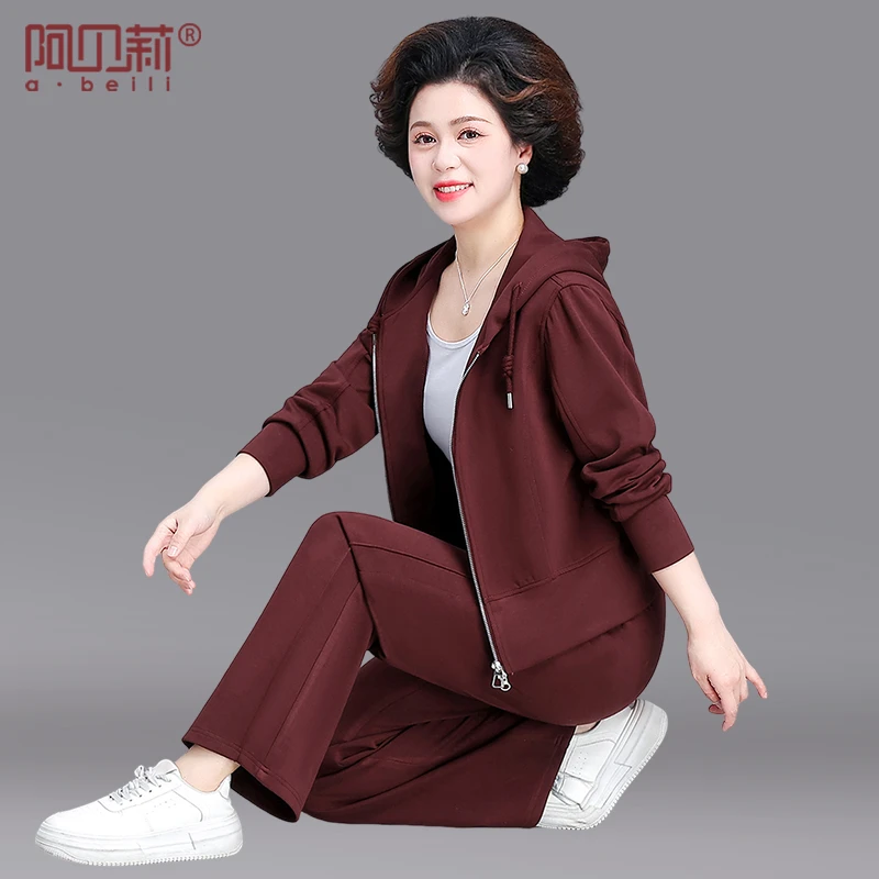 时尚妈妈秋装休闲运动套装新款中年连帽外套中老年女士纯色两件套