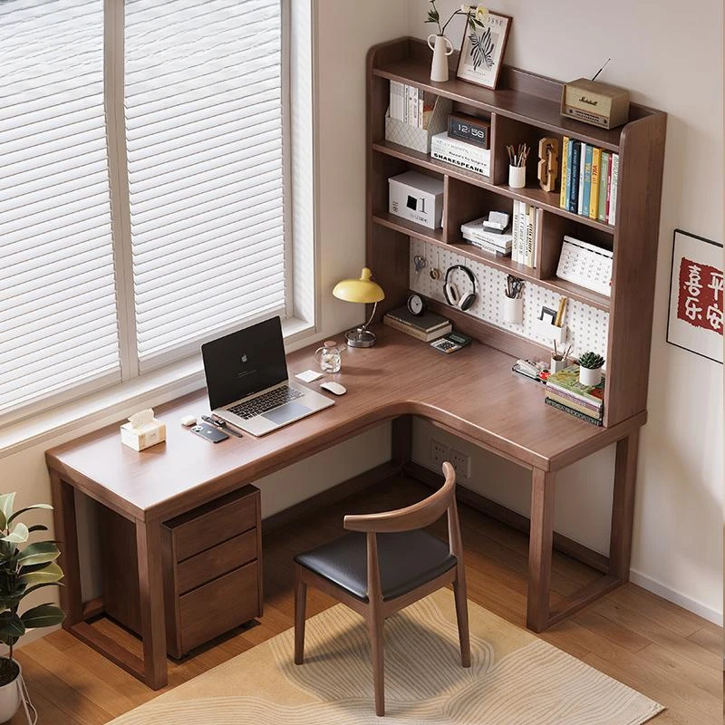 电脑桌书架一体学生用实木L型学习桌带储物洞洞板可组装家用卧室