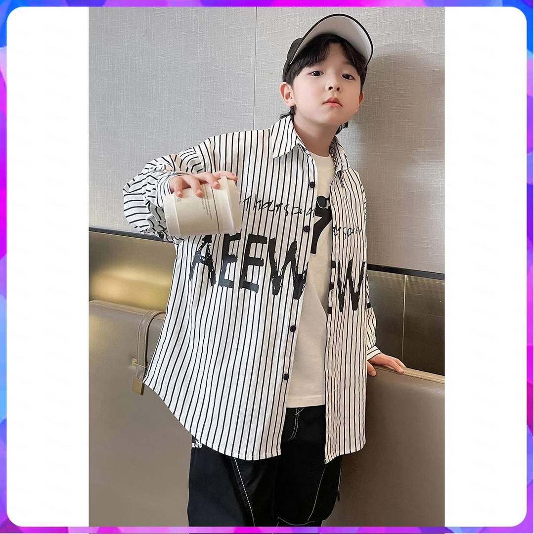 2025春季新款男童中大童条纹衬衫上衣宽松洋气休闲宽松衬衫外套潮
