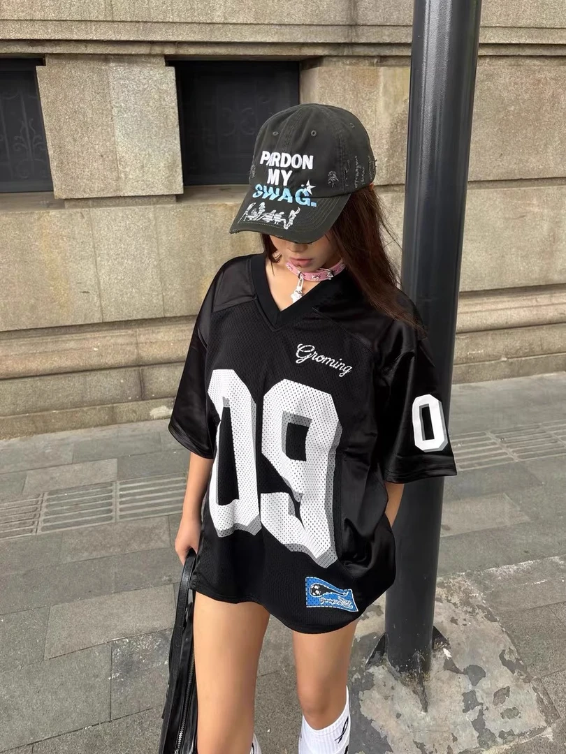 欧美式复古V领撞色网眼透气短袖t恤男辣妹女夏季运动宽松上衣球衣