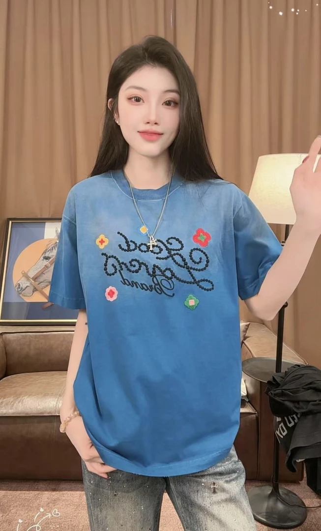 【七七】2025新款春夏男士时尚圆领潮流贴布绣水洗重工短袖