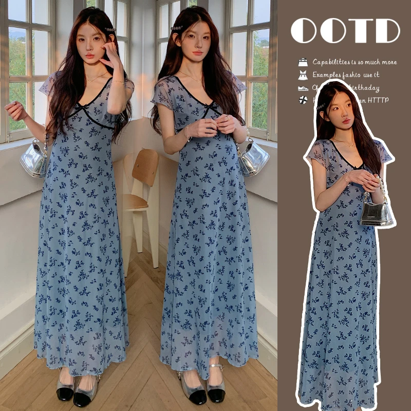 「maimixi」孕妇夏季复古蓝色蝴蝶大码连衣裙