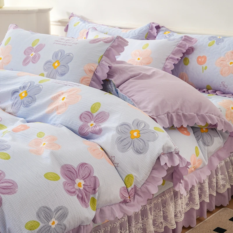 富安娜家纺适用热款泡泡棉床盖三件套床上四件套蕾丝被套床上用品