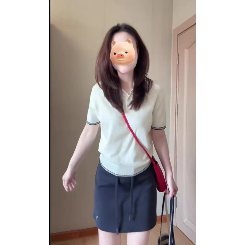 白色翻领正肩针织短袖T恤女夏季设计感小众小个子修身polo衫上衣