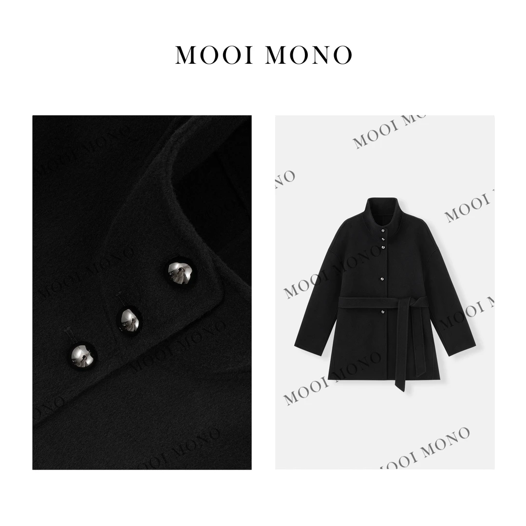 MOOI MONO"曼斯街道"显瘦韩系立领细带羊毛双面呢子大衣 N056A44