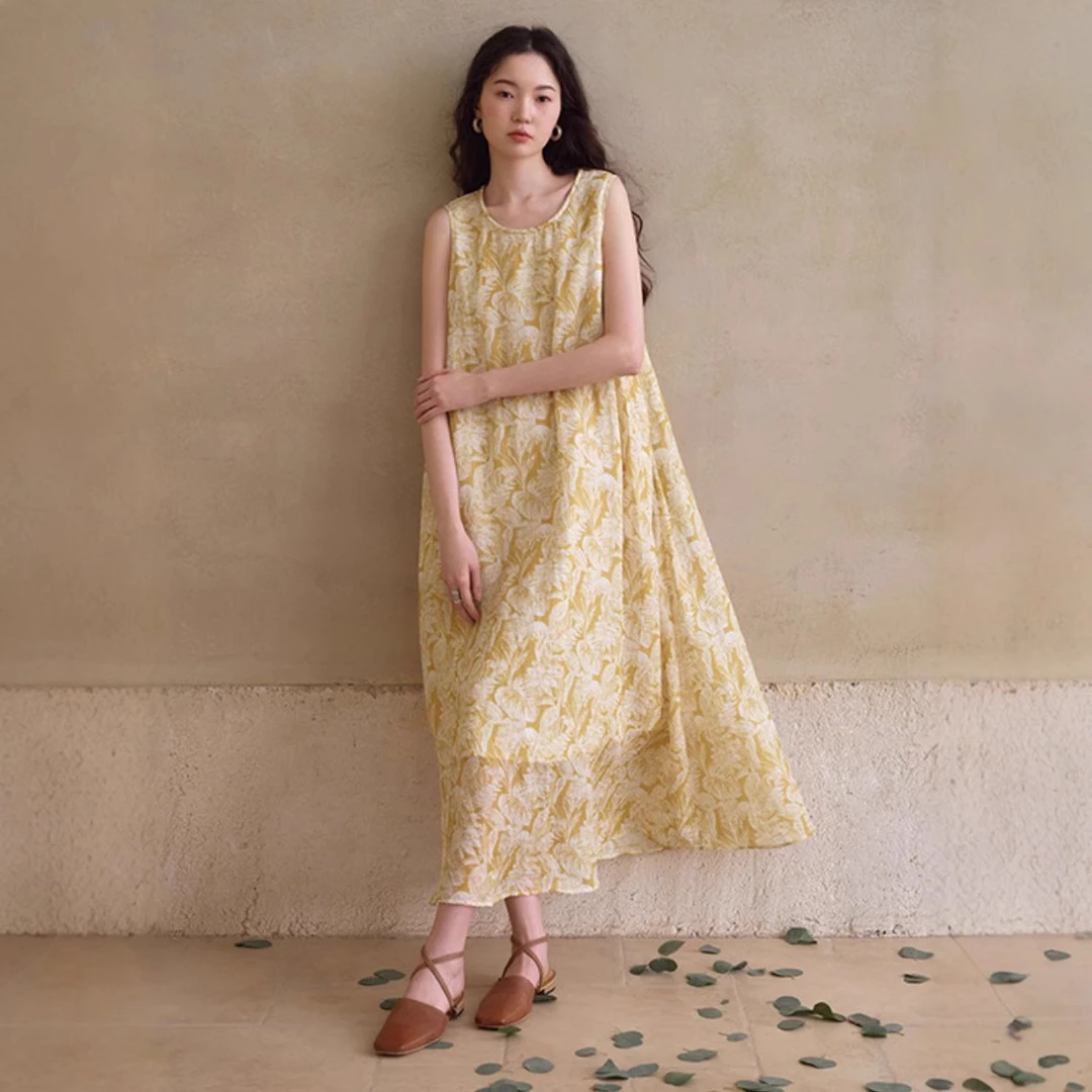 新款吊带100%苎麻艺术背心裙休闲度假风气质连衣裙裙子夏季新款