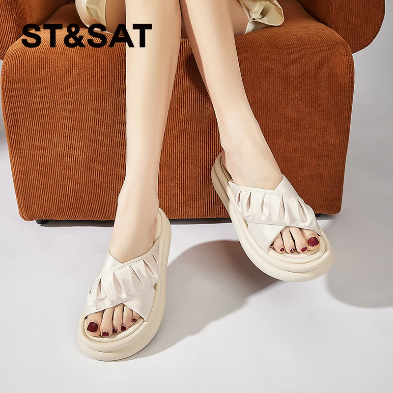星期六交叉褶皱一字拖女士夏季时尚外穿拖鞋懒人一脚蹬厚底凉拖