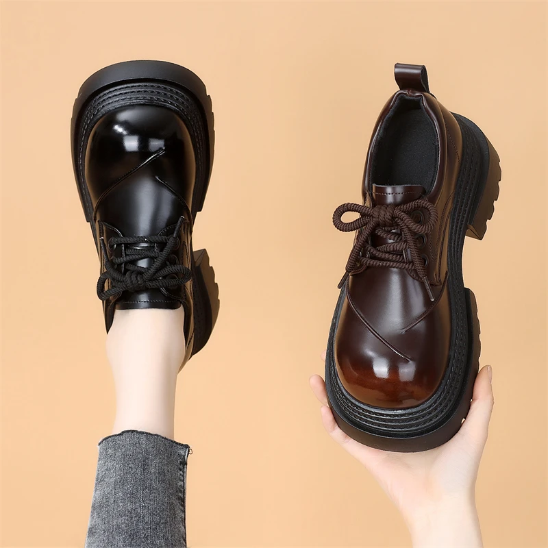 厚底增高乐福鞋女2025新款秋冬小个子粗跟单鞋系带英伦风jk小皮鞋