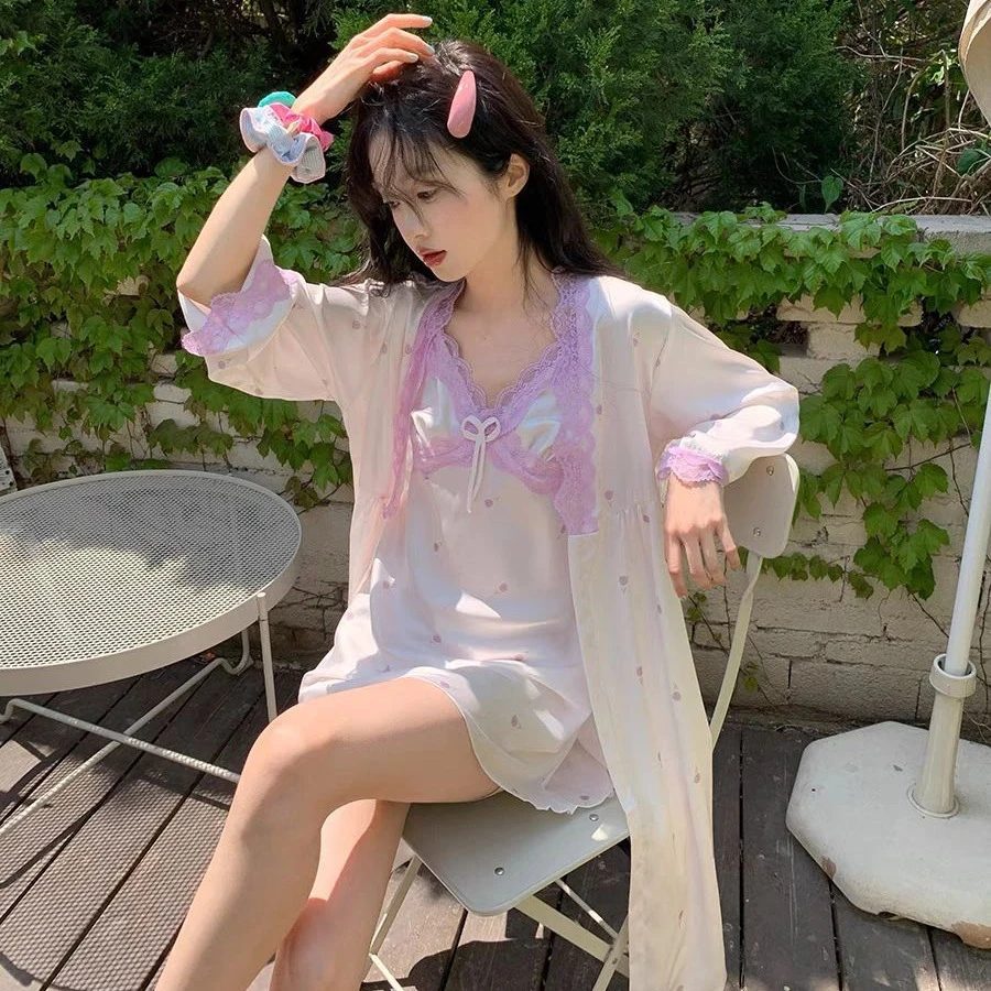 琳琳家原创女冰丝带胸垫印花吊带睡裙睡袍纯欲风丝绸家居服可睡眠