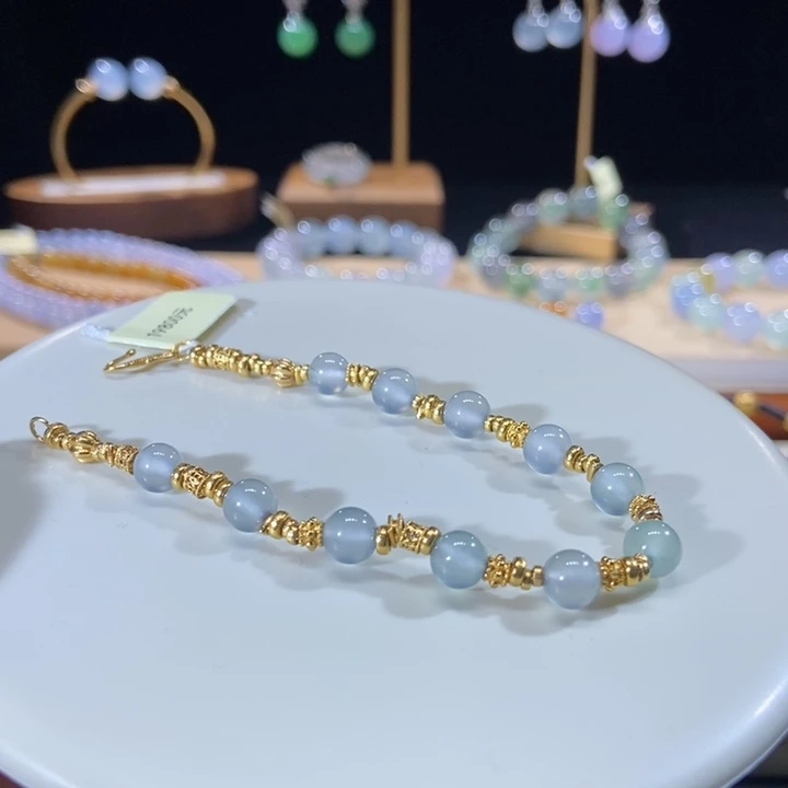 翡翠18K金镶嵌吊坠(不含链)翡翠高冰圆珠手链