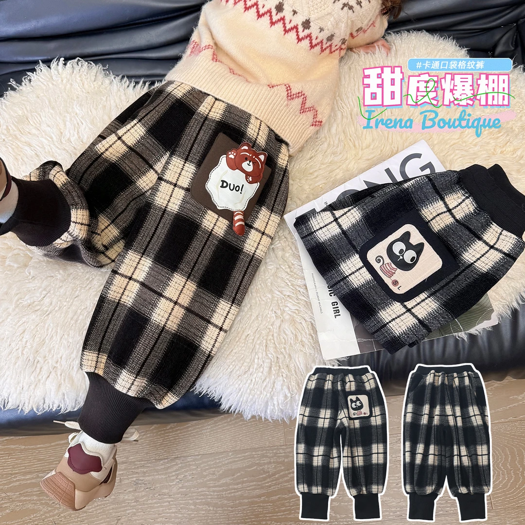 裤子女童加绒裤冬洋气时髦儿童格子裤2025新款宝宝卫裤小童束脚裤