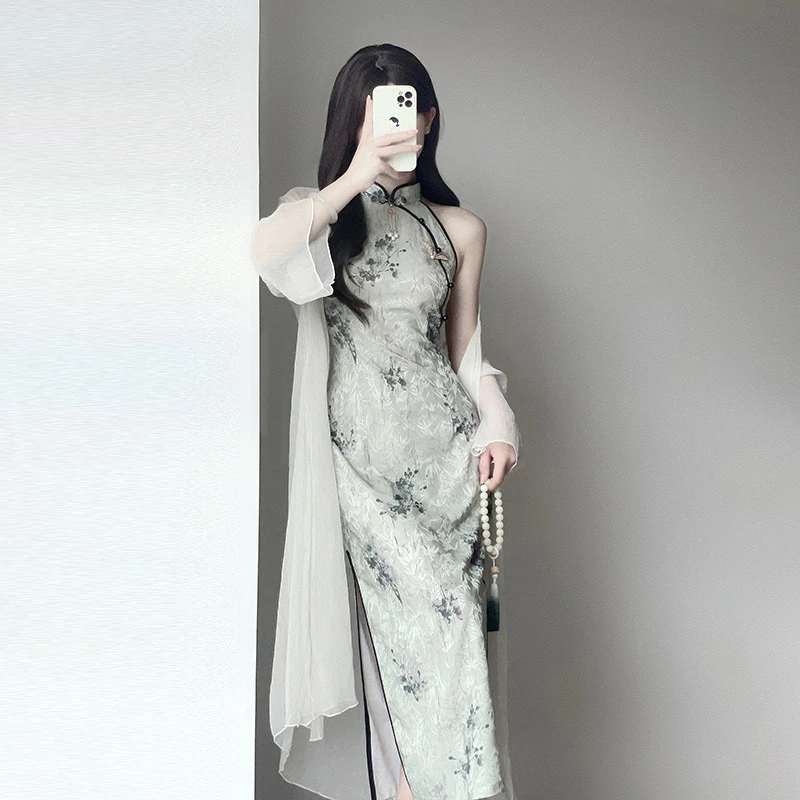 画报夫人无袖挂脖新中式长款改良旗袍新款轻款少女国风复古日常可