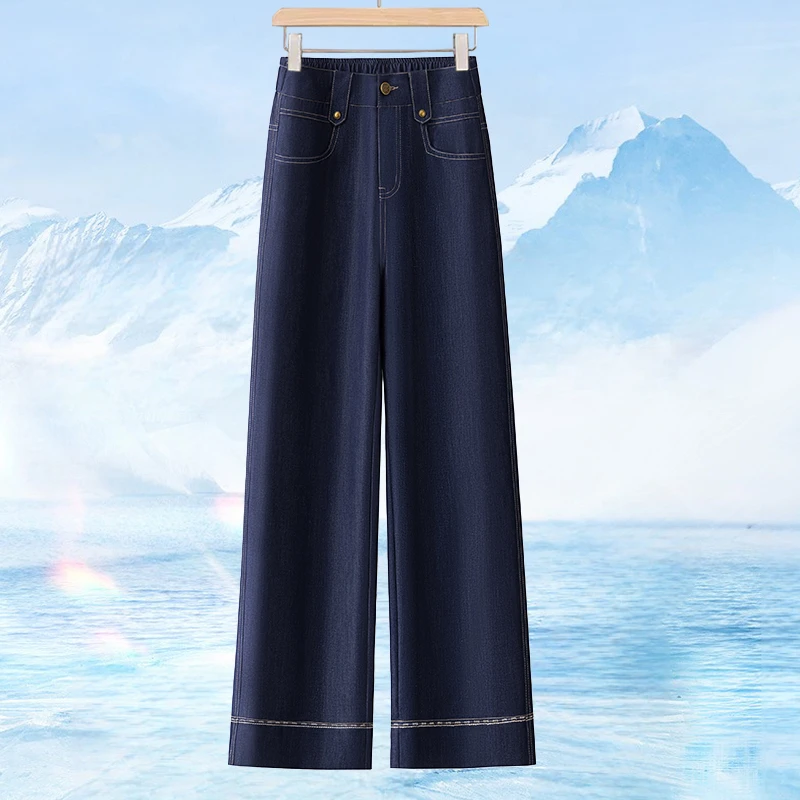【防褪色】2025夏季垂感冰丝丹宁蓝高腰显瘦直筒窄版阔腿软牛仔裤子