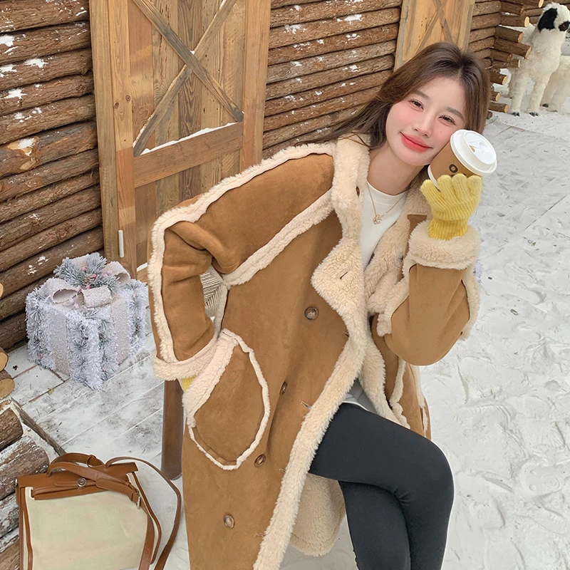 韩版加厚两面穿中长款皮毛一体棉服女2025年冬季新款显瘦保暖外套