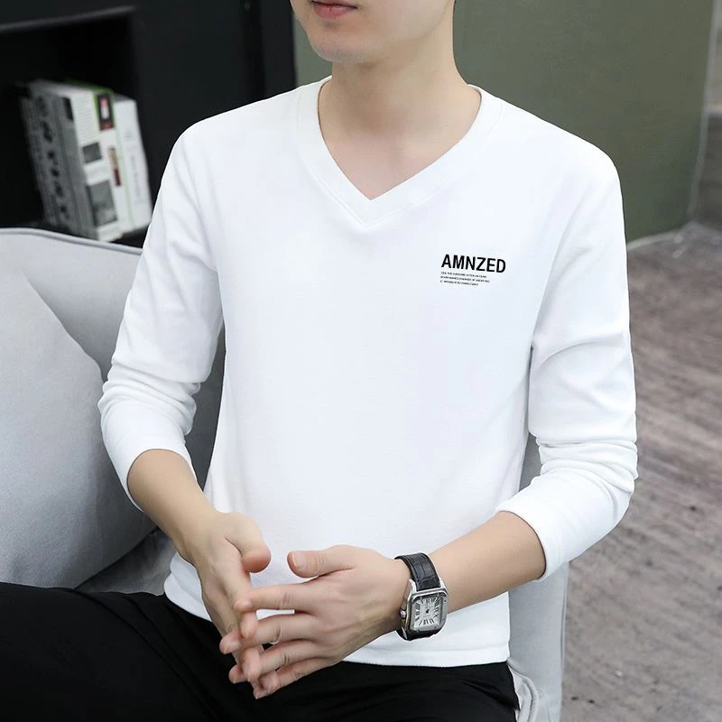 秋冬季男士v领长袖T恤保暖修身百搭印花打底秋衣休闲秋装潮流上衣