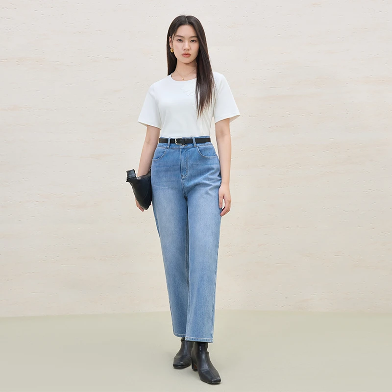 独束大码女装【型】高腰锥形牛仔裤显瘦舒弹胖MM裤子2S82117