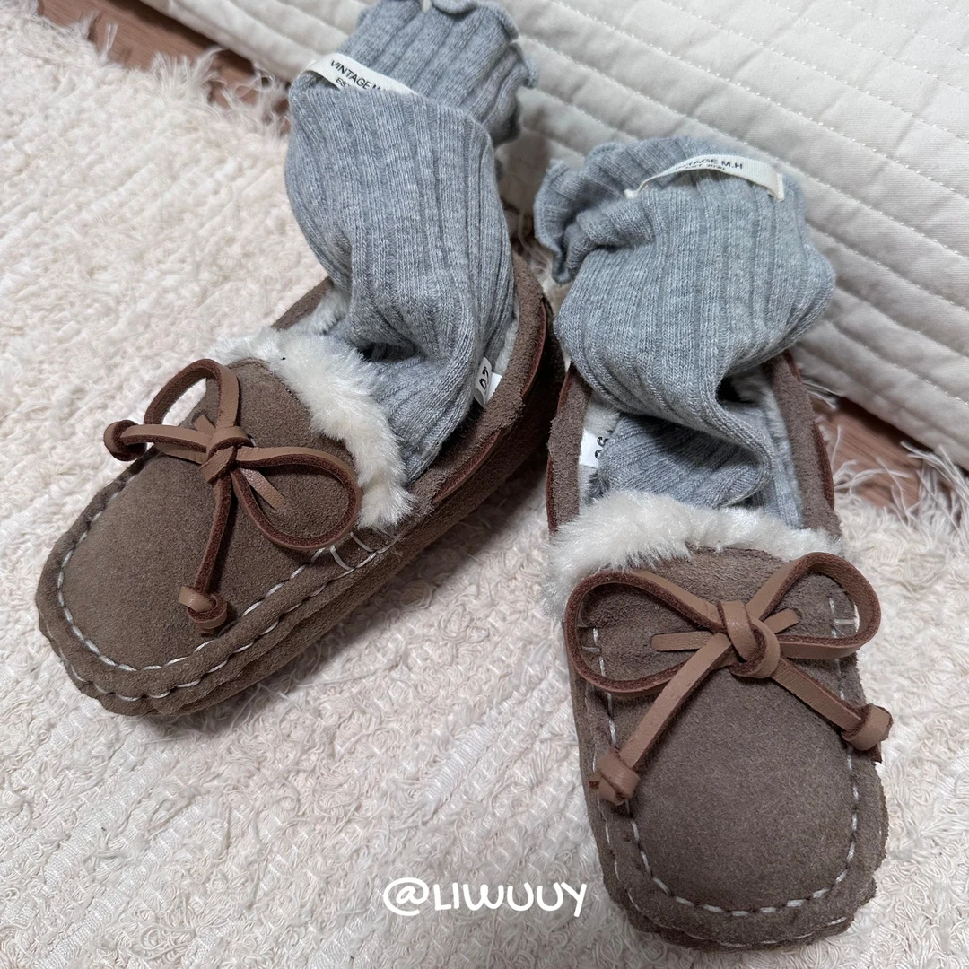 LIWUUY鲤坞儿童牛皮豆豆鞋棉鞋加绒加厚