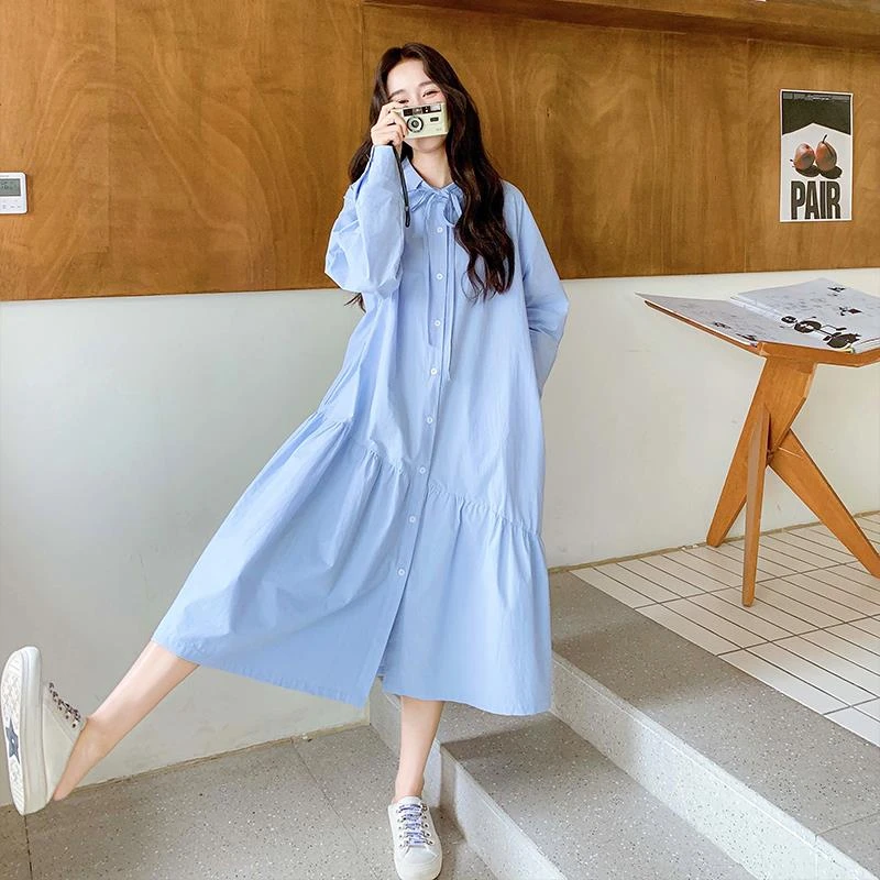 蓝色衬衫连衣裙女2025新款春季宽松休闲超好看长袖鱼尾裙气质长裙