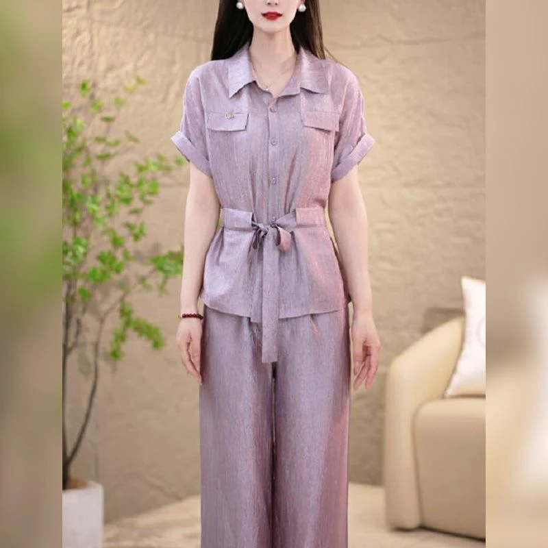 B714 短袖衬衫休闲套装女夏季2025新款宽松轻薄减龄阔腿裤两件套
