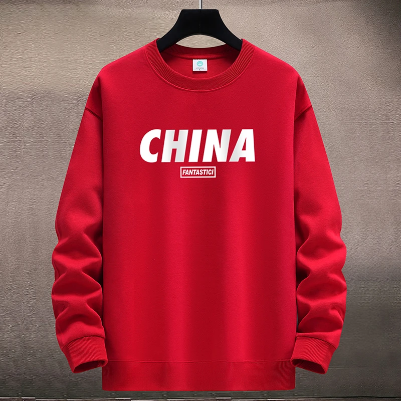 大CHA 春秋舒适运动红色潮流男款圆领长袖卫衣大码男士套头外套