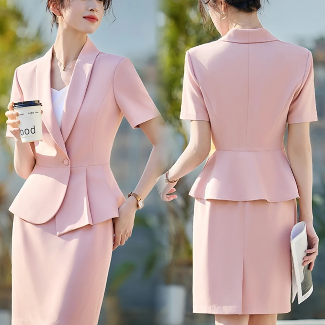 粉色极简风夏季短袖职业女裙套装气质名媛女神范前台美业工作服
