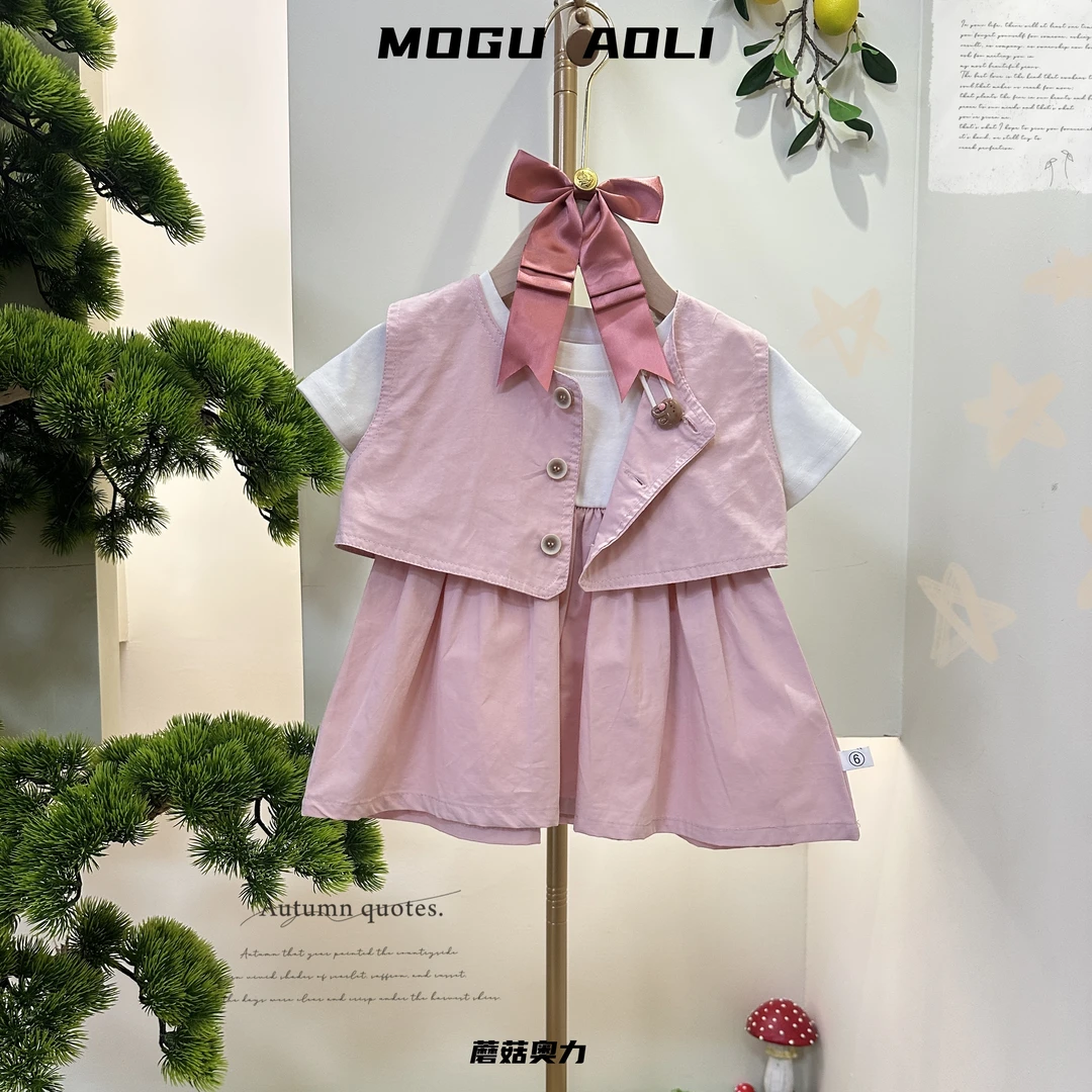 【蘑菇奥力】棉氧夏款女童韩系森系连衣裙两件套装~连衣裙+背心