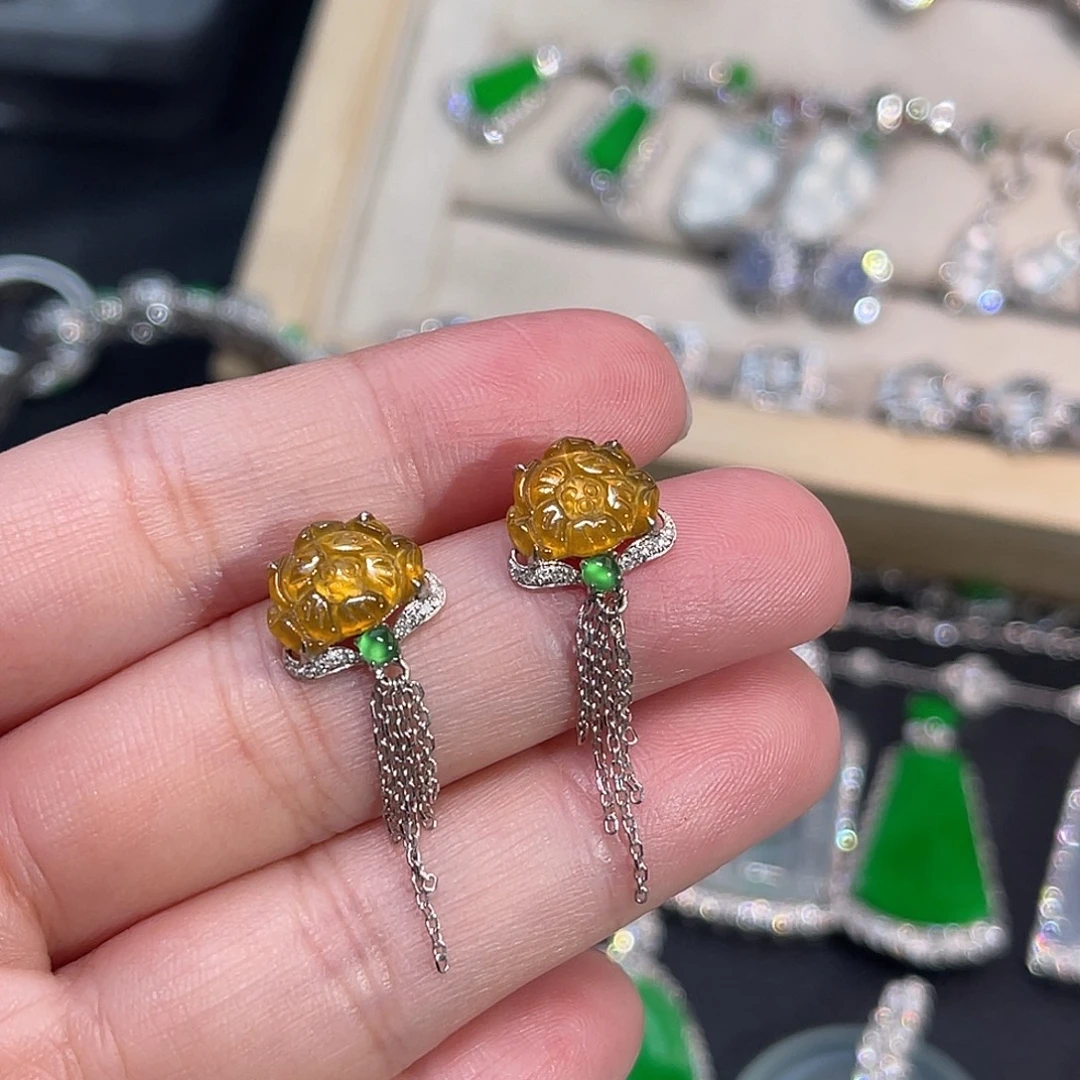 翡翠18K金镶嵌耳饰黄翡花朵