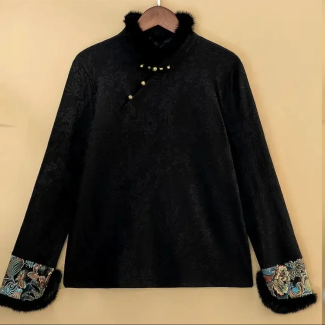 【真毛】厚款长袖提花立领套头拼接上衣气质打底女装冬款时尚