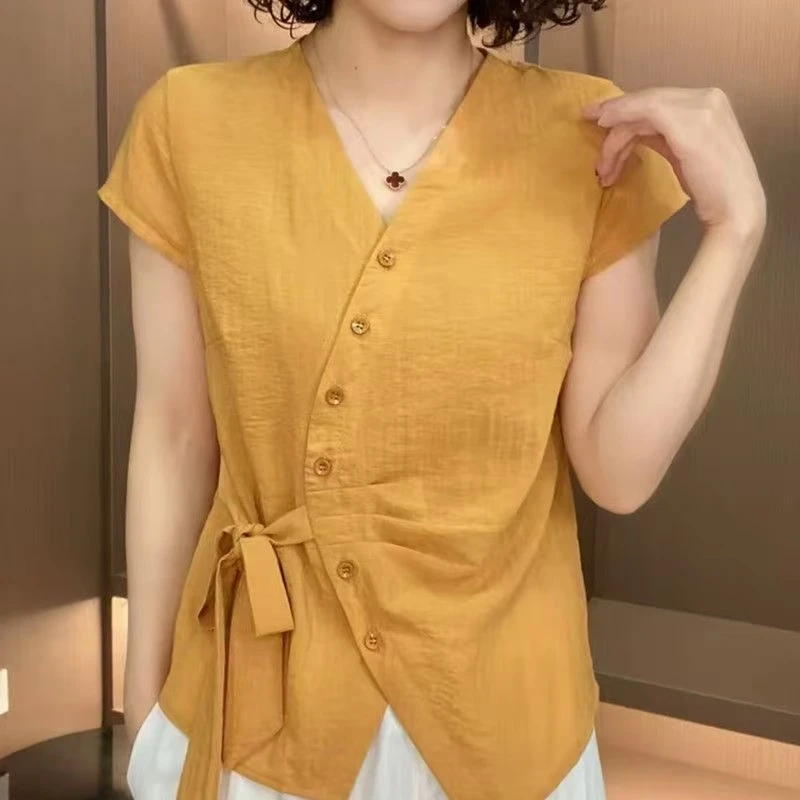 夏季女短袖气质T恤上衣不规则休闲v新款时尚洋气百搭减龄显瘦