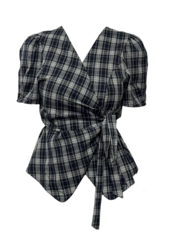 【Amy家】微胖mm法式格子v领衬衫女夏季设计感系带修身显瘦短袖上衣