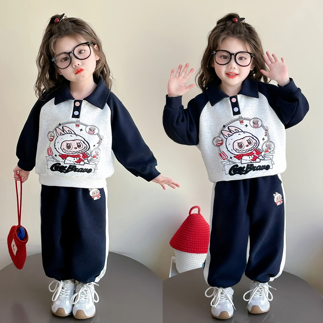拉布布女童套装秋季长袖polo领卫衣运动2025新款小女孩春秋labubu