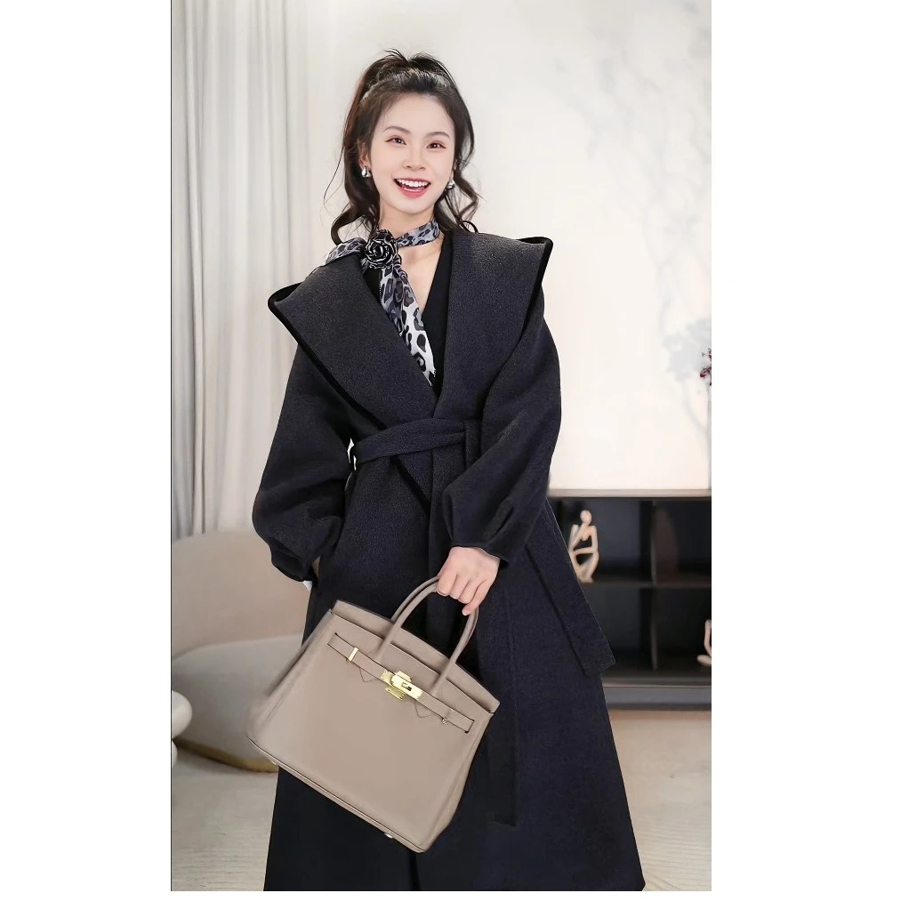 25年新款澳毛双面羊毛中长款连帽宽松浴袍气质大衣外套   125578