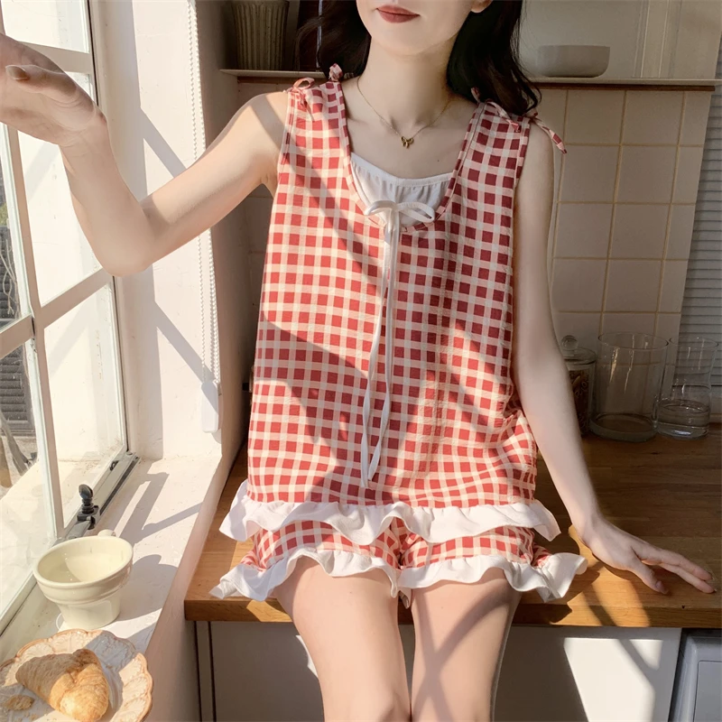 夏季新款女短袖带胸垫飞飞袖格子背心可爱学生可外穿家居服套装