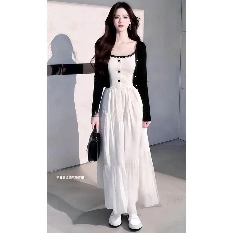 千语栀【冷萃冰茶】专柜高版针织初恋长裙显瘦白月光套装裙两件套