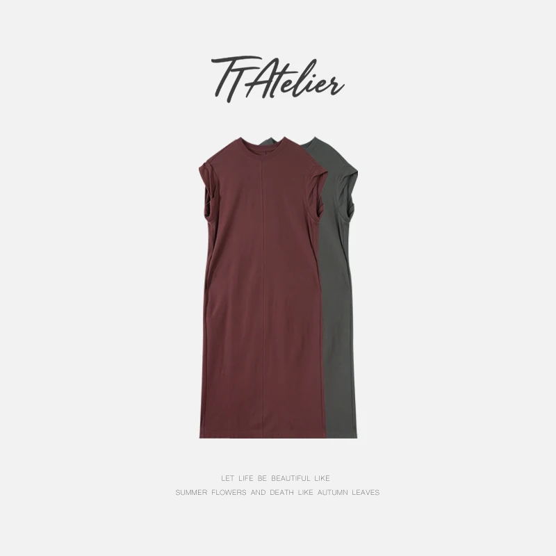 TT设计师【婉约】纯棉扭结袖口简约慵懒高级无袖连衣裙TT190387