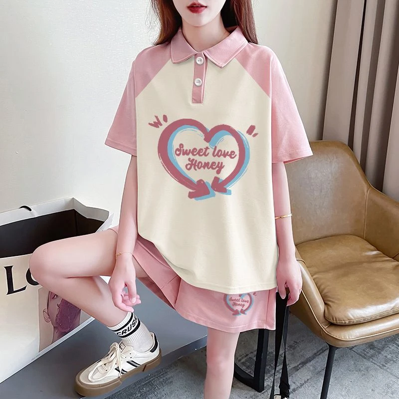 夏季韩版百搭纯棉短袖T恤+短裤两件套女2025新款宽松休闲运动套装