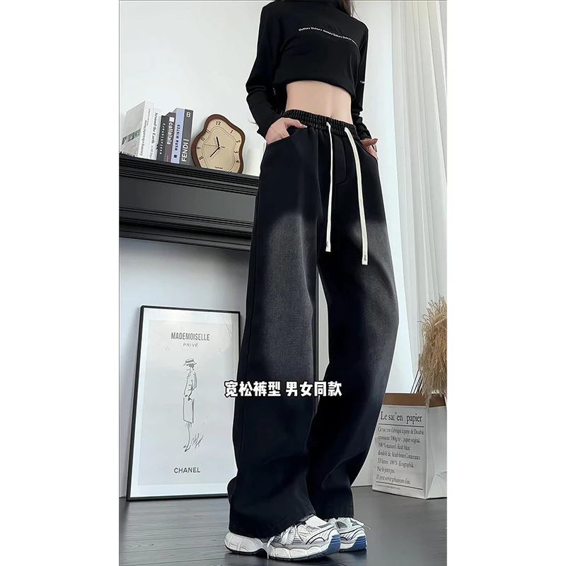 秋冬季加绒不臃肿直筒牛仔裤男女百搭黑色cleanfit宽松大码长裤子