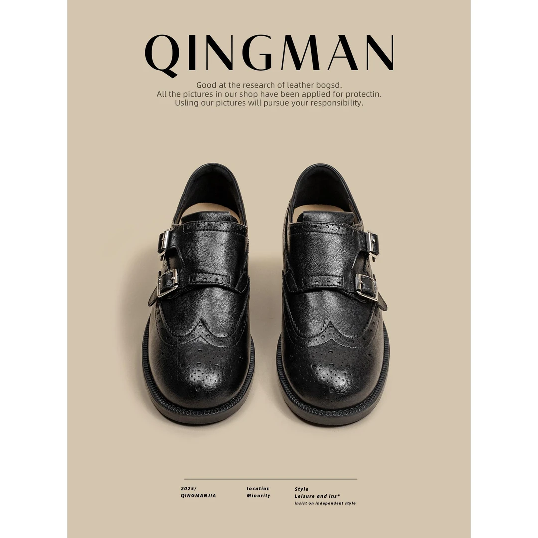 【PVKB&专柜女鞋】冬新款真皮双扣圆头百搭英伦风厚底一脚蹬小皮鞋