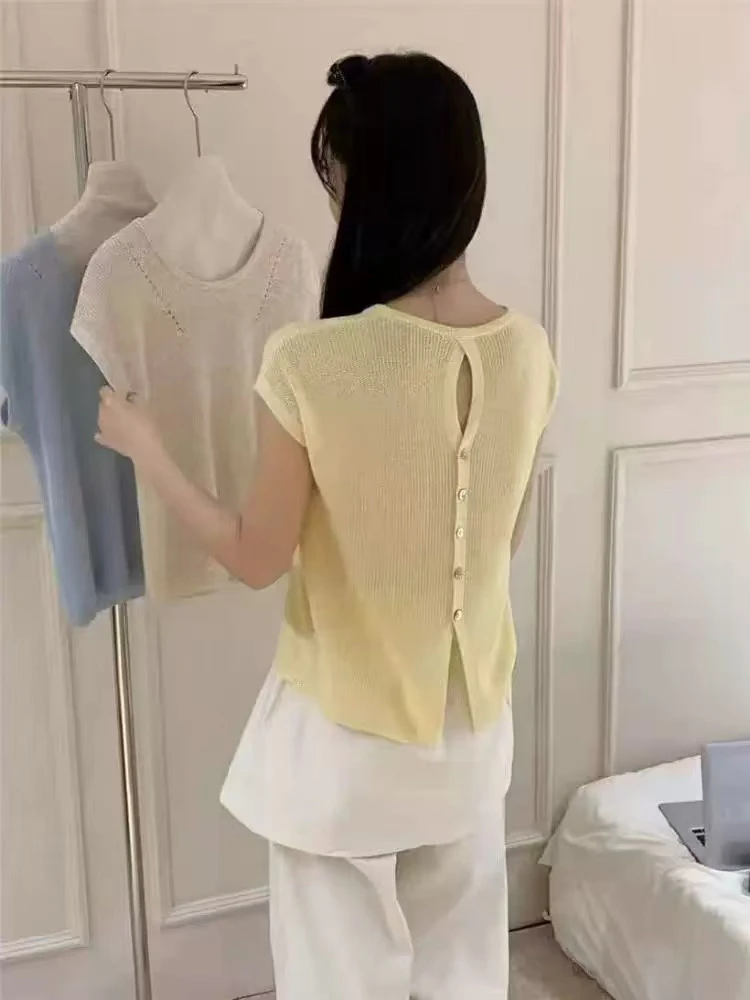 慧慧家后背扣子针织短袖