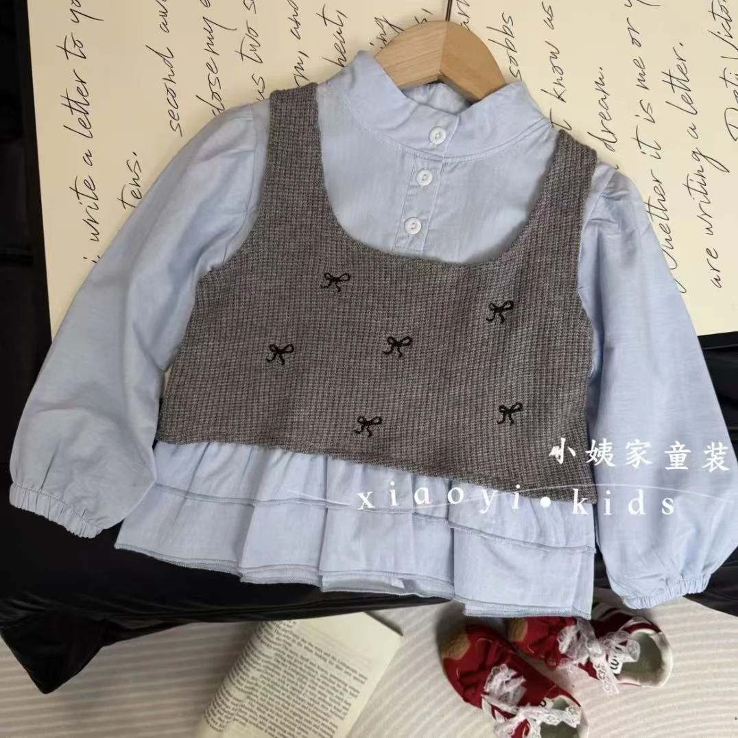【真两件】女童上衣针织背心开扣拼接常规韩版女童长袖两件套秋季
