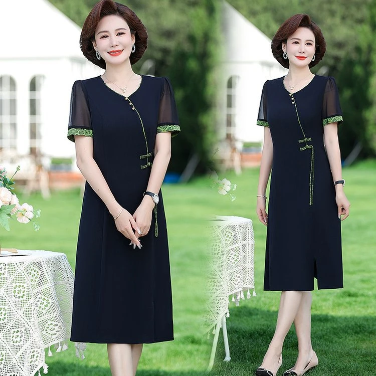 新中式国风雪纺连衣裙女夏款夏装新款洋气妈妈装显瘦气质短袖裙子