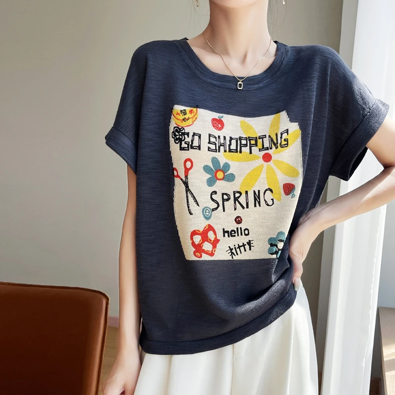 风过身凉~水果太阳花圆领短袖针织衫高款冰凉T恤显瘦减龄宽松上衣